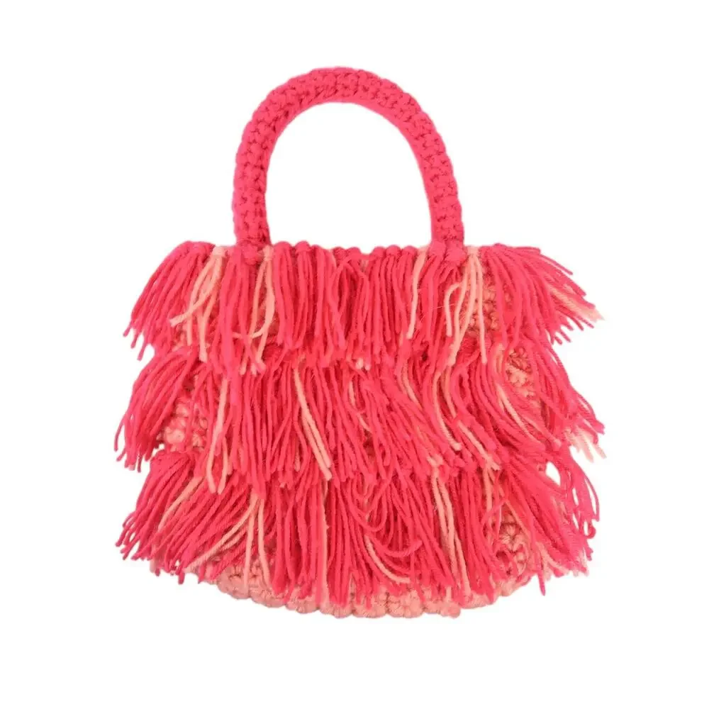 Vintage Y2K Pink Red Fringe Yarn Knit Handbag Purse Top Handle Bag - Picture 2 of 3